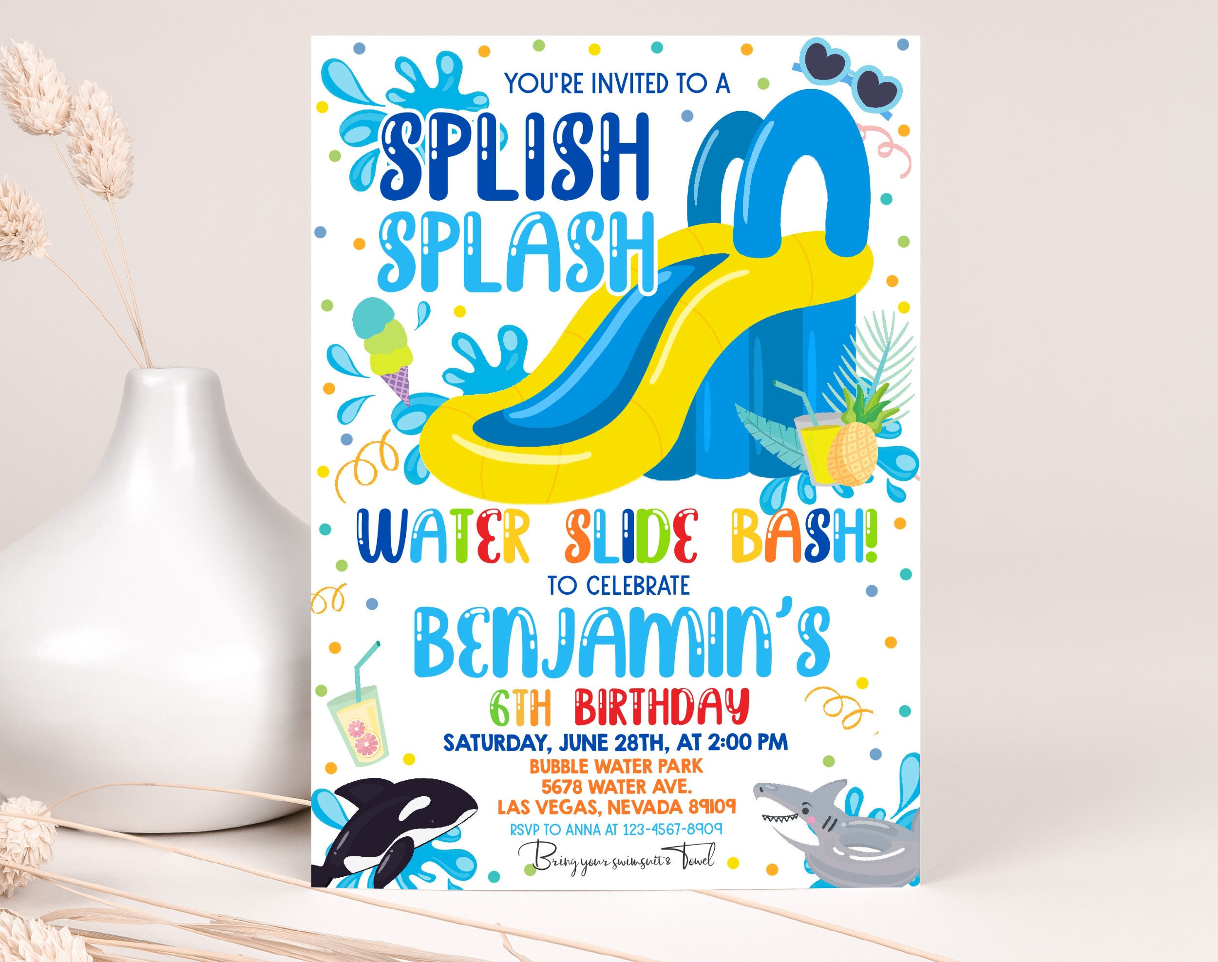 Waterslide Birthday Invitation Summer Pool Party Birthday Invite in Free Printable Water Park Birthday Invitations