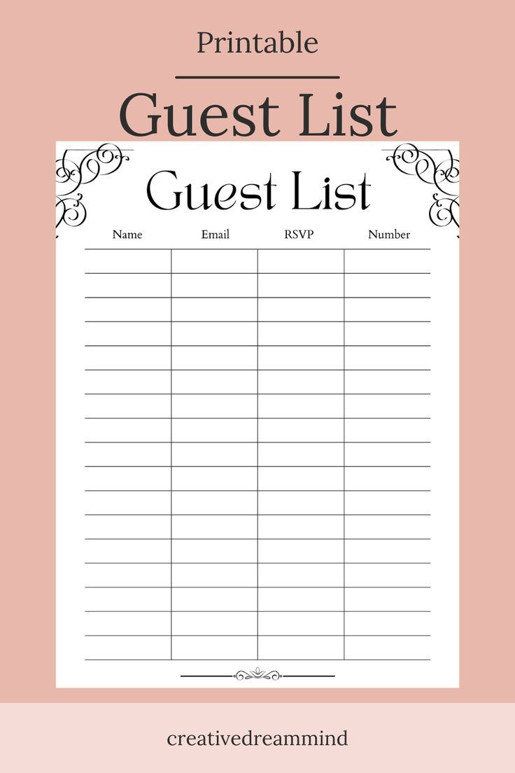 Wedding Guest List, Bridal Shower, Guest Book List, Printable inside Free Printable Wedding Party List