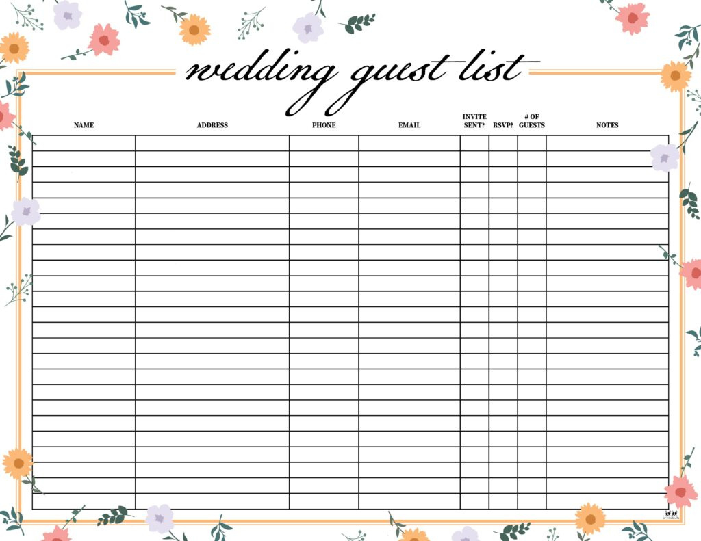 Wedding Guest List Templates - 20 Free Lists | Printabulls intended for Free Printable Wedding Scrolls