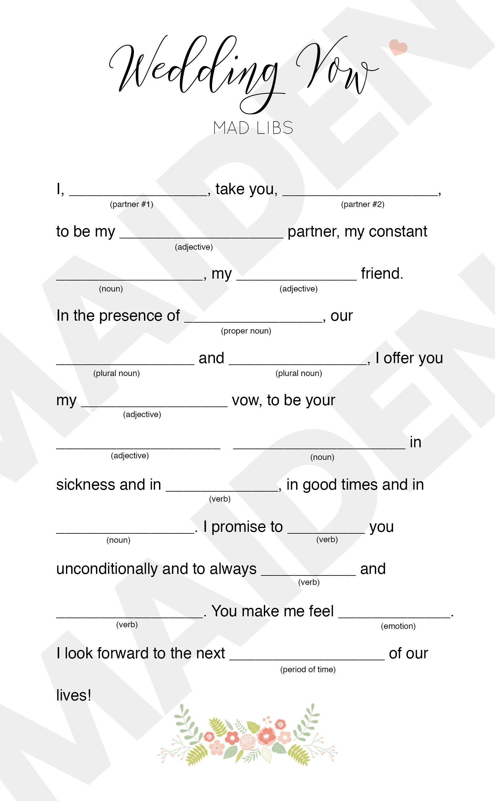 Wedding Vow Mad Libs Printable Digital File For Bridal Shower with regard to Free Printable Wedding Mad Libs
