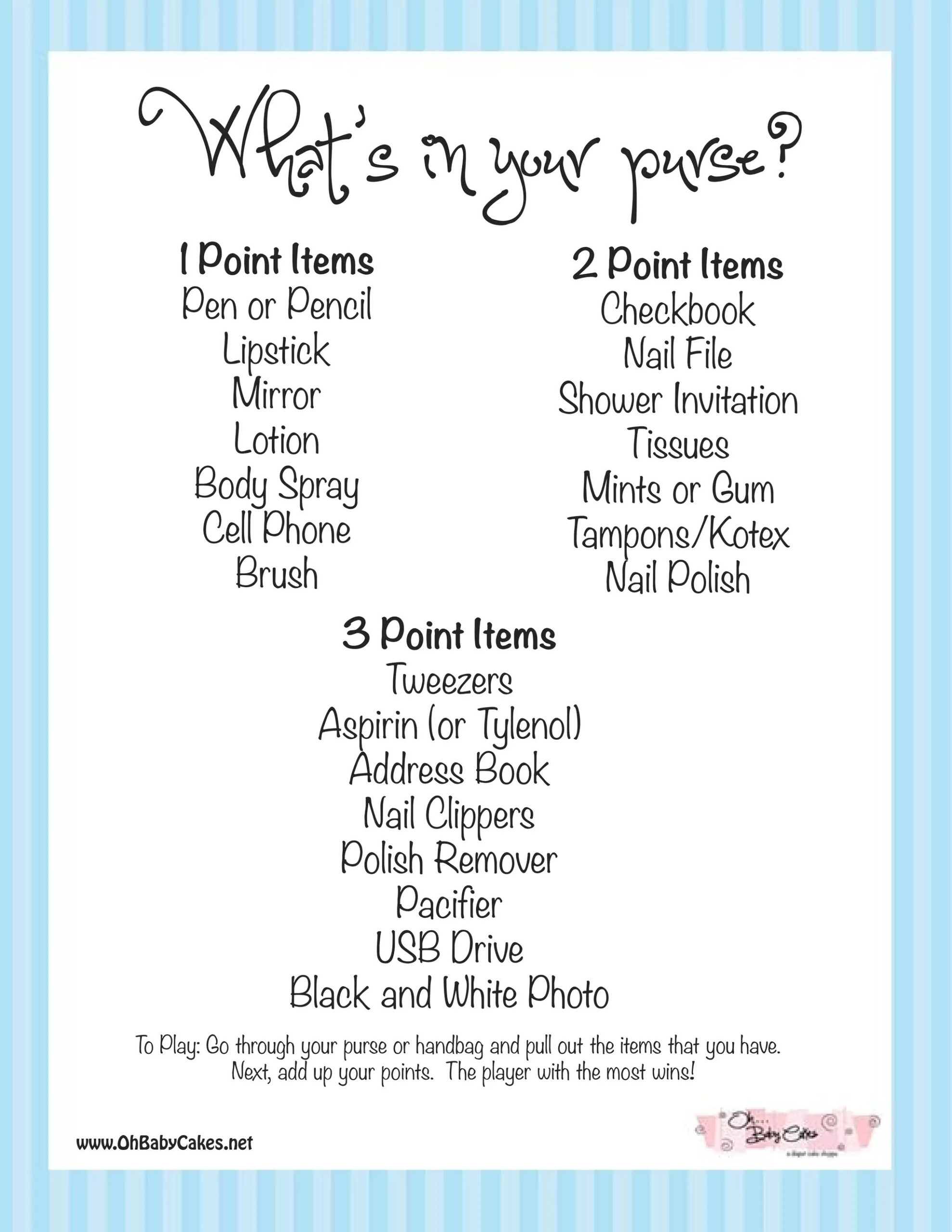 What'S In Your Purse Baby Shower Game (Blue) | Pdf in Free Printable Baby Shower Game What'S In Your Purse