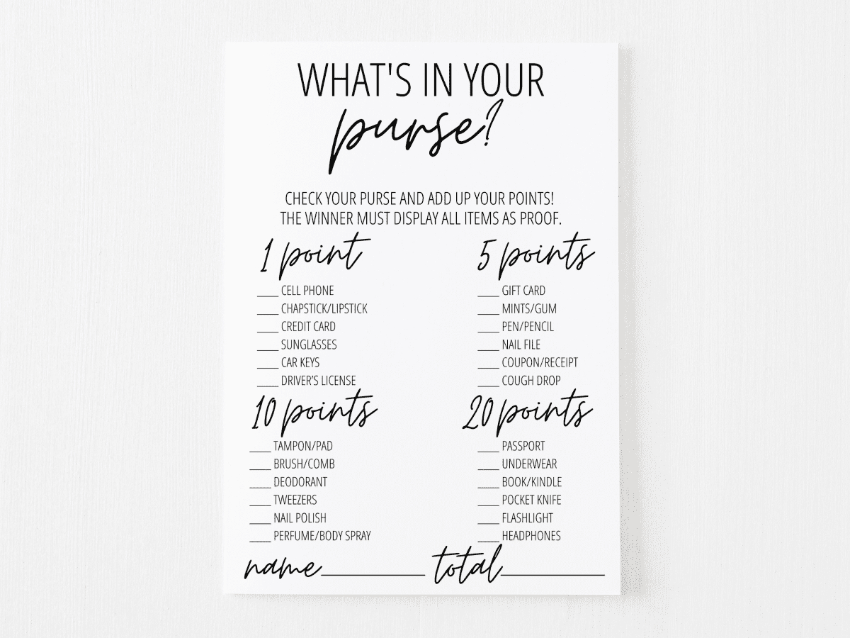 What'S In Your Purse? Game Free Printable | Modern Moh for Free Printable Bridal Shower Games What's In Your Purse