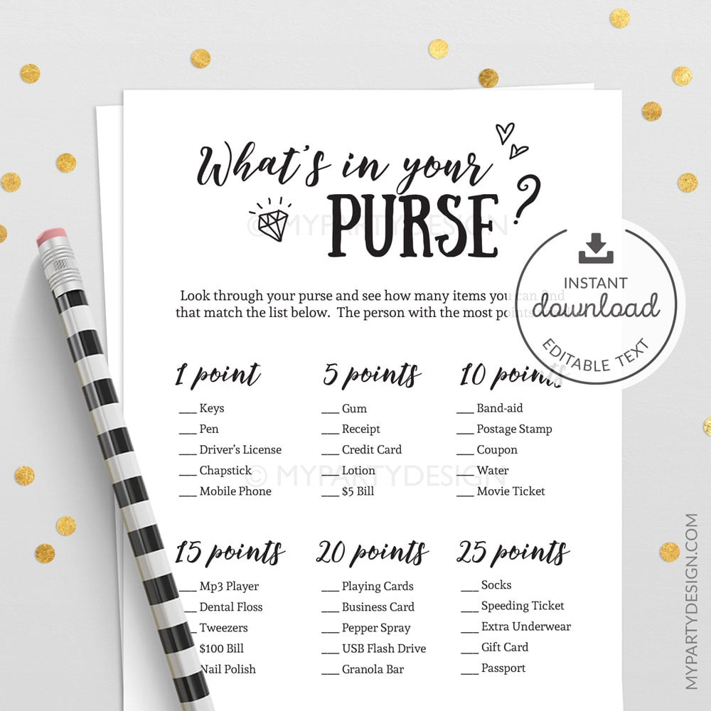 What'S In Your Purse Game, Printable Card - My Party Design for Free Printable Bridal Shower Games What's In Your Purse
