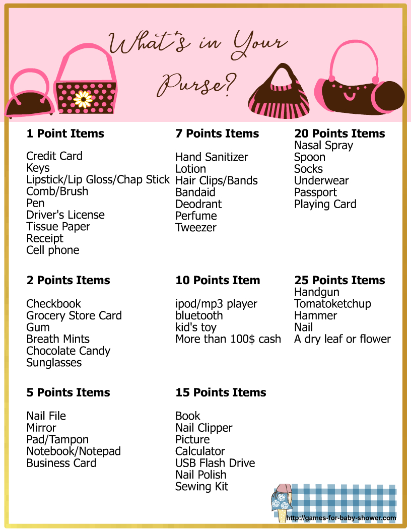 Whats In Your Purse in Free Printable Baby Shower Games What'S In Your Purse