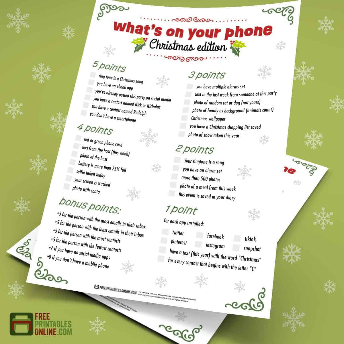 Whats On Your Phone Christmas Game Free Printable - Free within What's In Your Cell Phone Game Free Printable