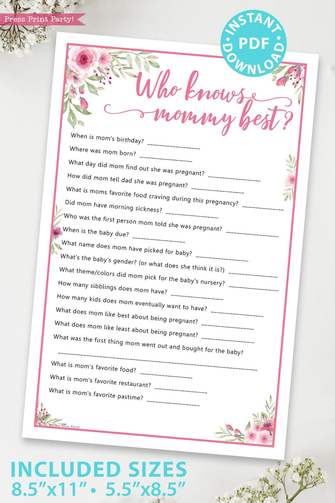 Who Knows Mommy Best Baby Shower Game Printable With Pink Flowers regarding Free Printable Baby Shower Games Who Knows Mommy The Best
