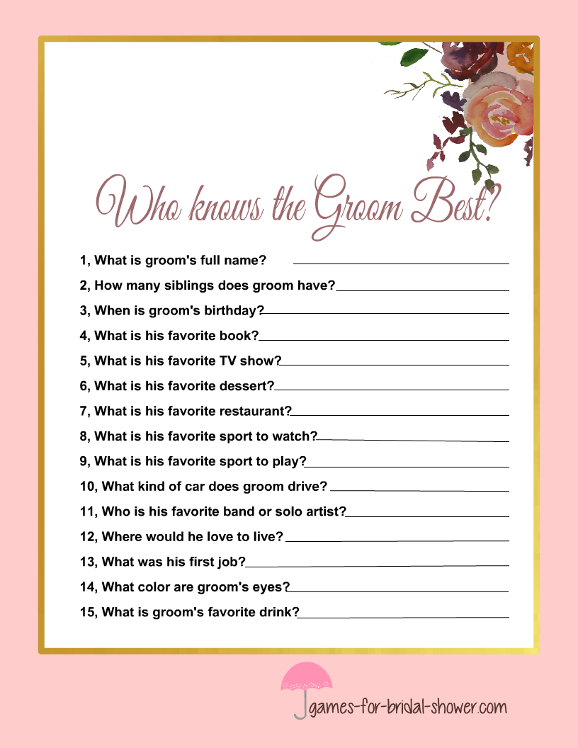 Who Knows The Groom Best? Free Printable Bridal Shower Game for How Well Does The Bride Know The Groom Free Printable
