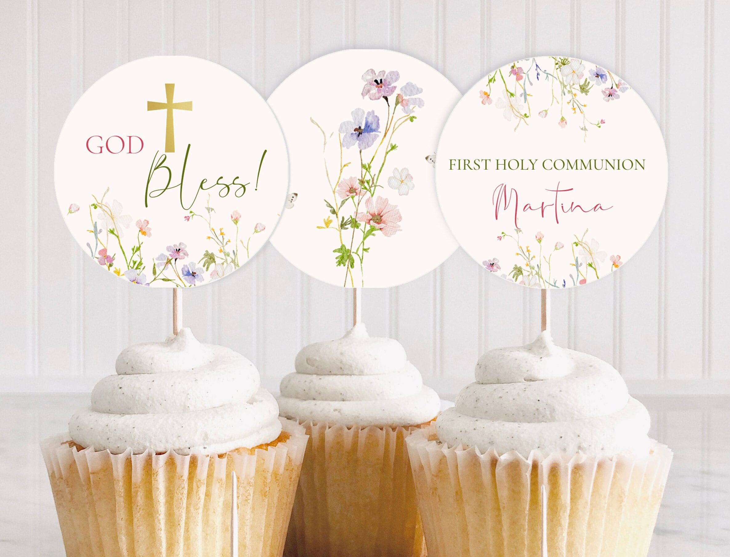 Wildflower First Communion Cupcake Toppers, Editable Floral Holy with regard to Free Printable First Communion Cupcake Toppers
