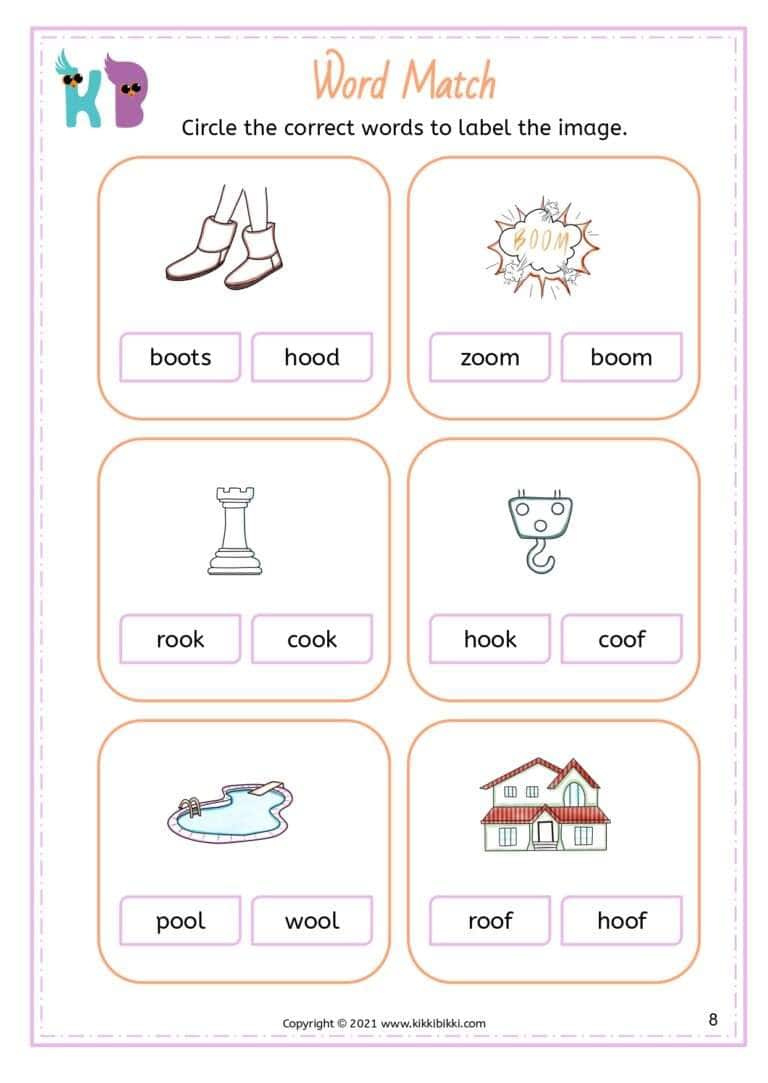 Word Match Worksheets: Introduction To The &amp;#039;Oo&amp;#039; Sound in Hooked On Phonics Free Printable Worksheets