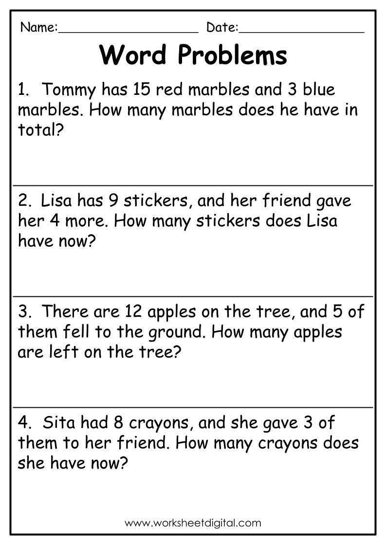 Word Problems Grade 1 - Worksheet Digital - Worksheets Library for Free Printable 1St Grade Math Word Problems