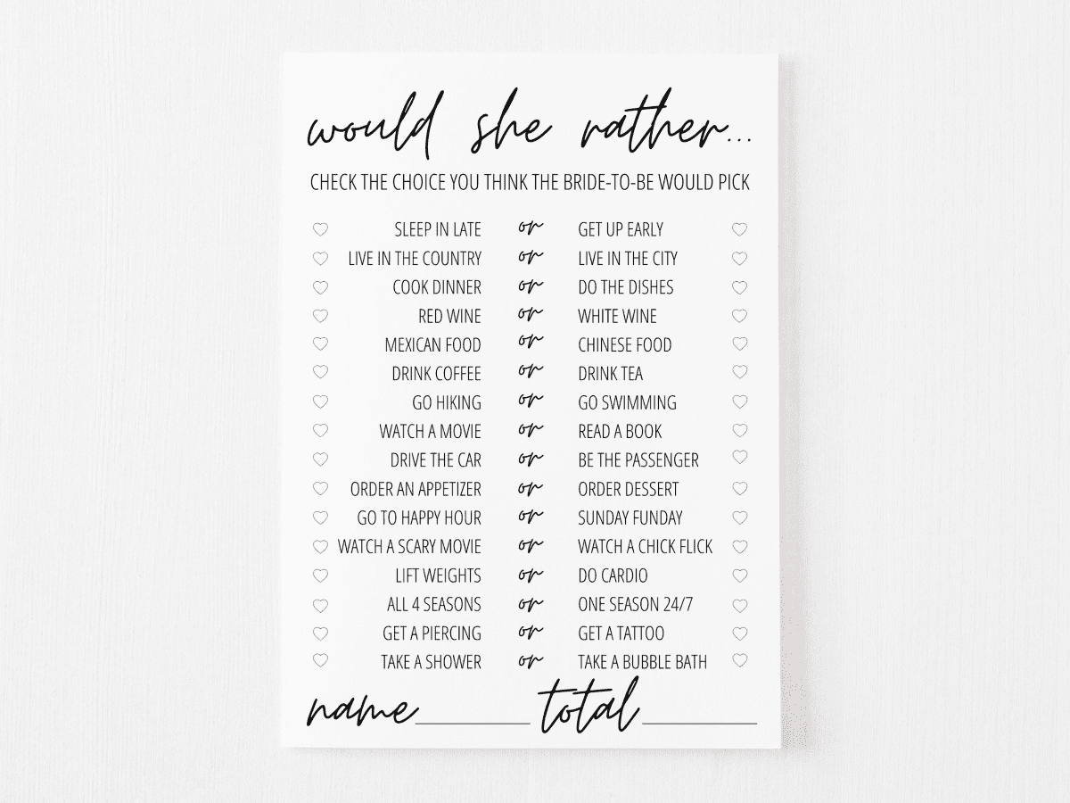 Would She Rather Bridal Shower Game Free Printable | Modern Moh inside Free Bridal Shower Printable Decorations
