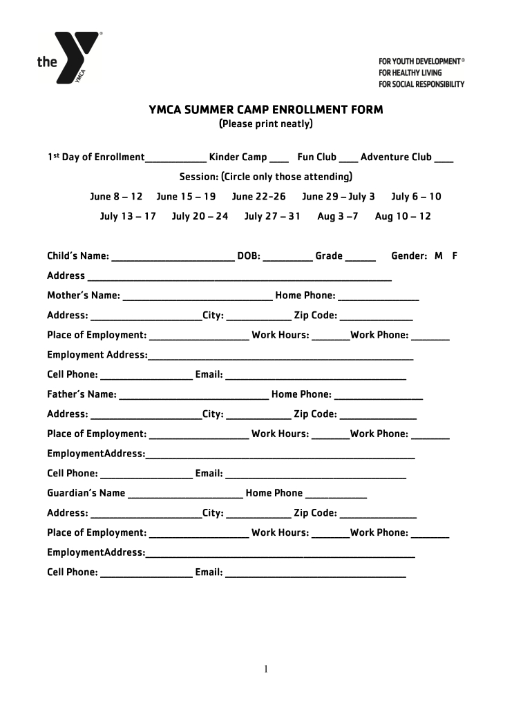 Ymca Summer Camp Enrollment Form - Fill Online, Printable inside Free Printable Summer Camp Registration Forms
